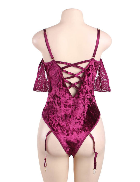 Love It Curvy: Plus Size Sheer Lace Off-The-Shoulder Lace Sleeves Velvet Teddy - Love it Curvy