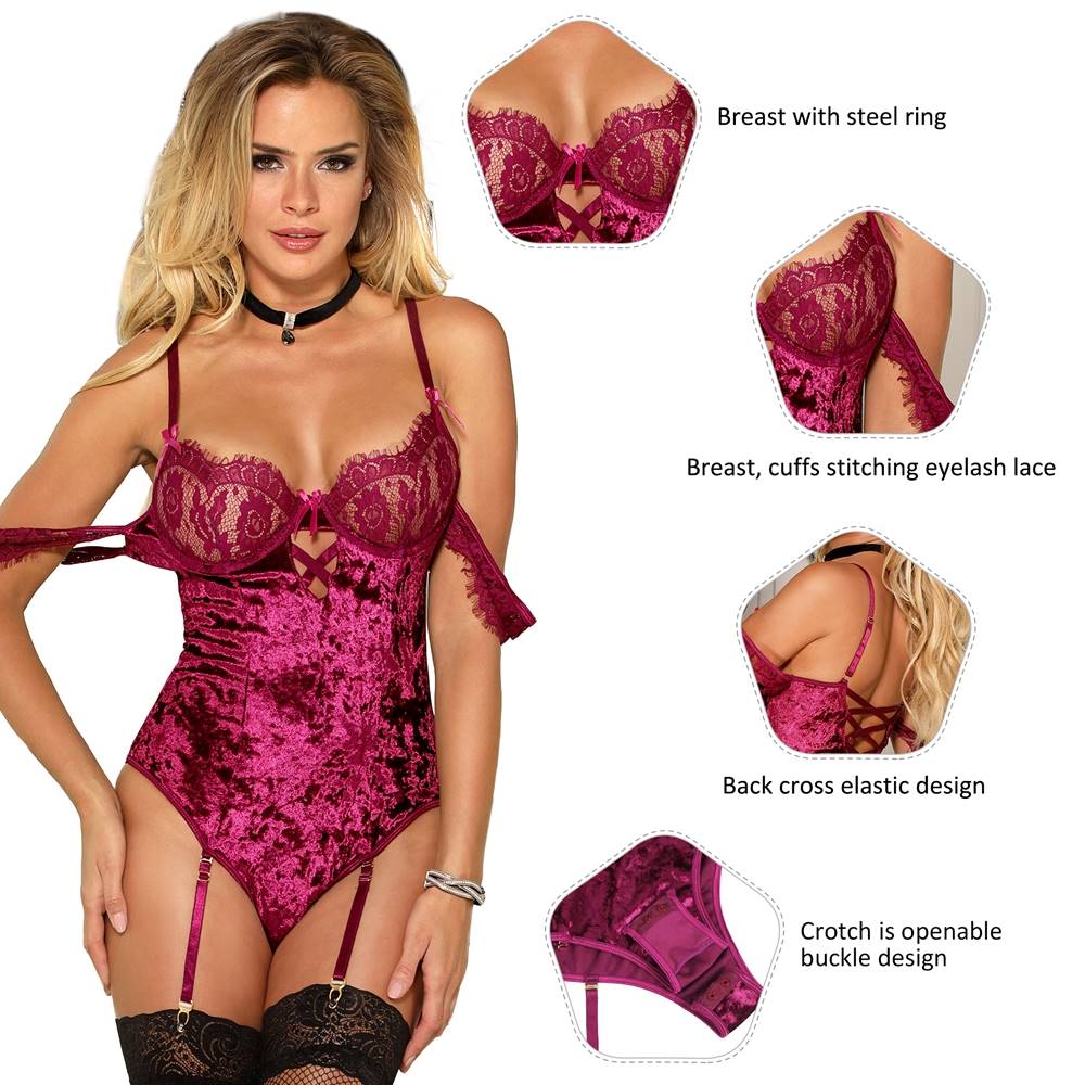 Love It Curvy: Plus Size Sheer Lace Off-The-Shoulder Lace Sleeves Velvet Teddy - Love it Curvy
