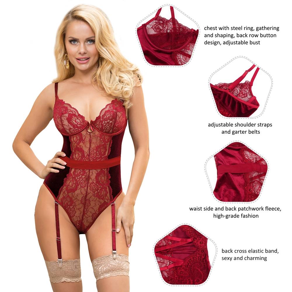 Love It Curvy: Sexy Lace Velour Plus Size Garter bodysuit With Underwire - Love it Curvy