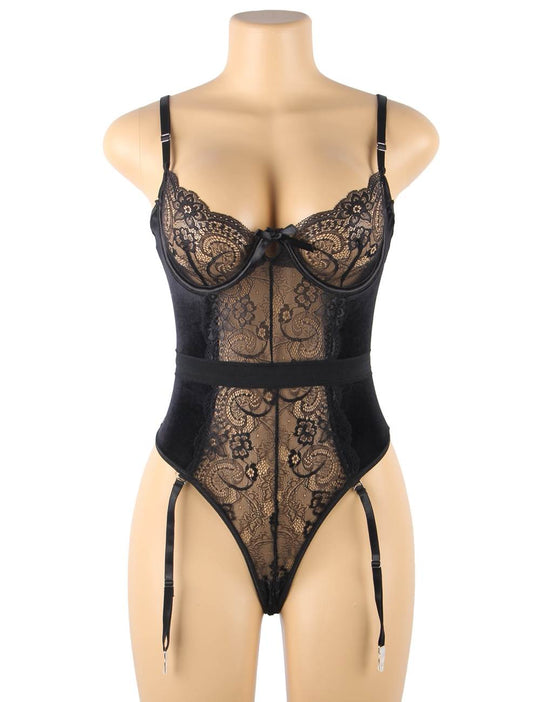 Love It Curvy: Sexy Lace Velour Plus Size Garter bodysuit With Underwire - Love it Curvy