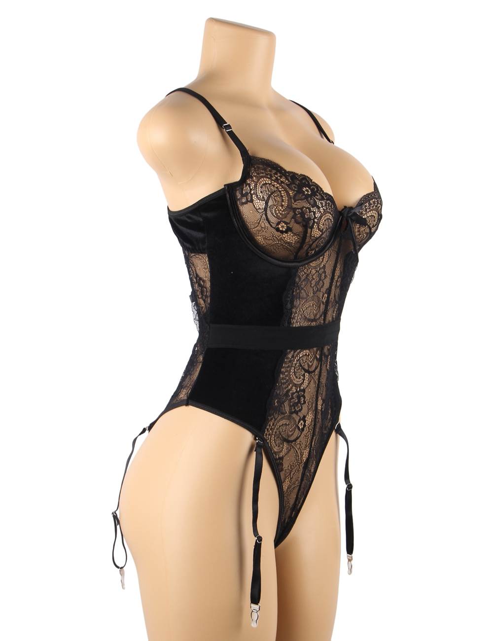 Love It Curvy: Sexy Lace Velour Plus Size Garter bodysuit With Underwire - R80949-2P - Love it Curvy
