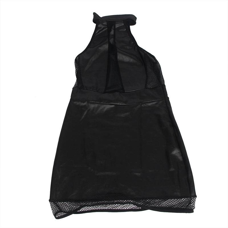 Love It Curvy: Sexy Solid Black Color Halter Leather Lingerie Dress - R81062P-3 - Love it Curvy