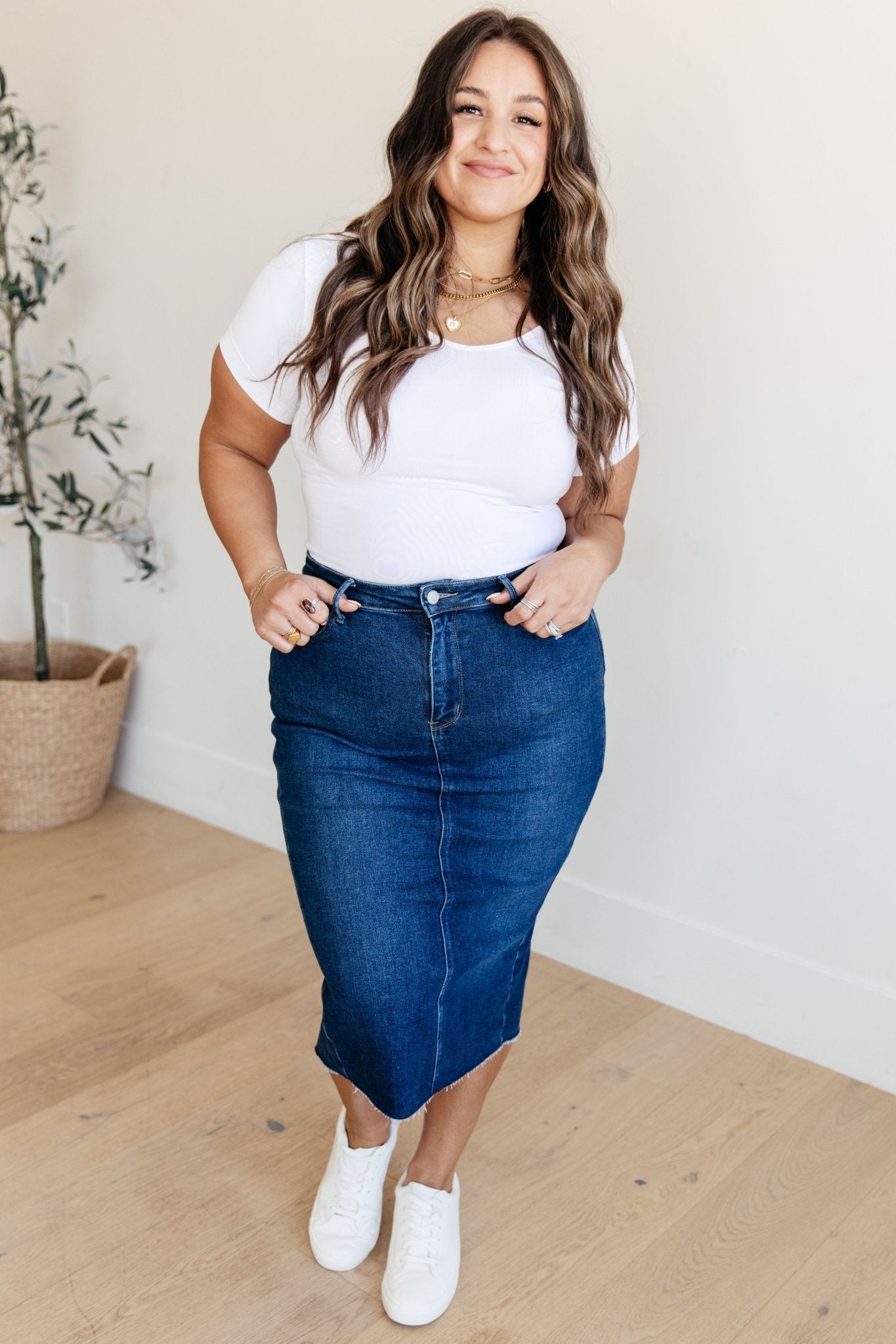 Marcy High Rise Denim Midi Skirt - AS7934-01 - Love it Curvy