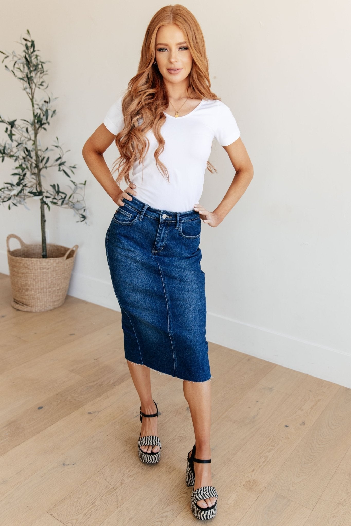 Marcy High Rise Denim Midi Skirt - AS7934-01 - Love it Curvy