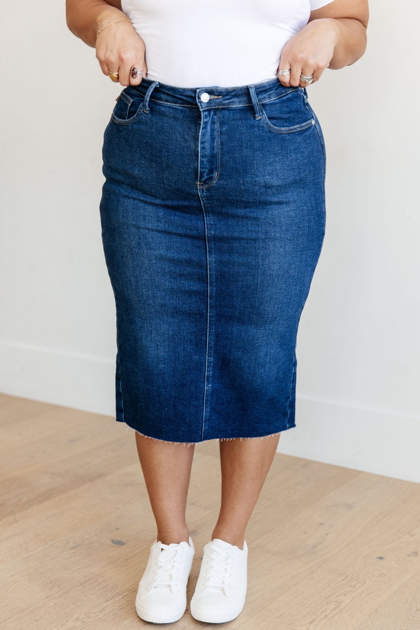 Marcy High Rise Denim Midi Skirt - AS7934-01 - Love it Curvy