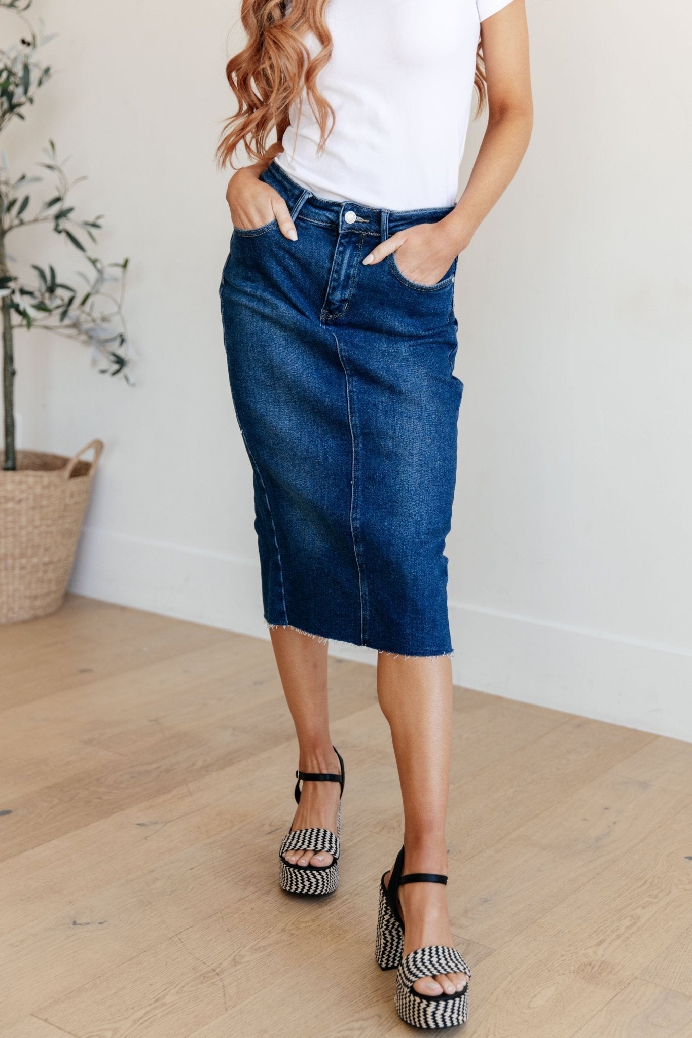 Marcy High Rise Denim Midi Skirt - AS7934-01 - Love it Curvy