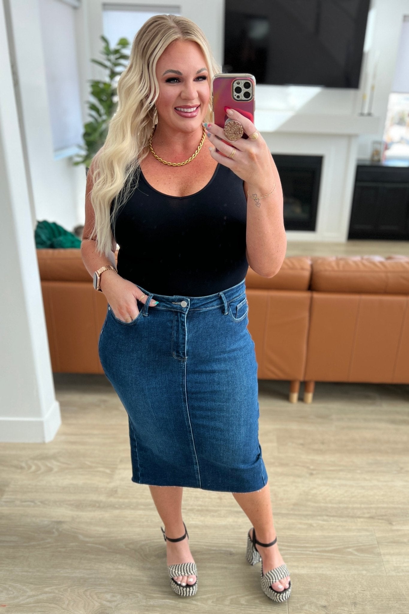 Marcy High Rise Denim Midi Skirt - AS7934-01 - Love it Curvy