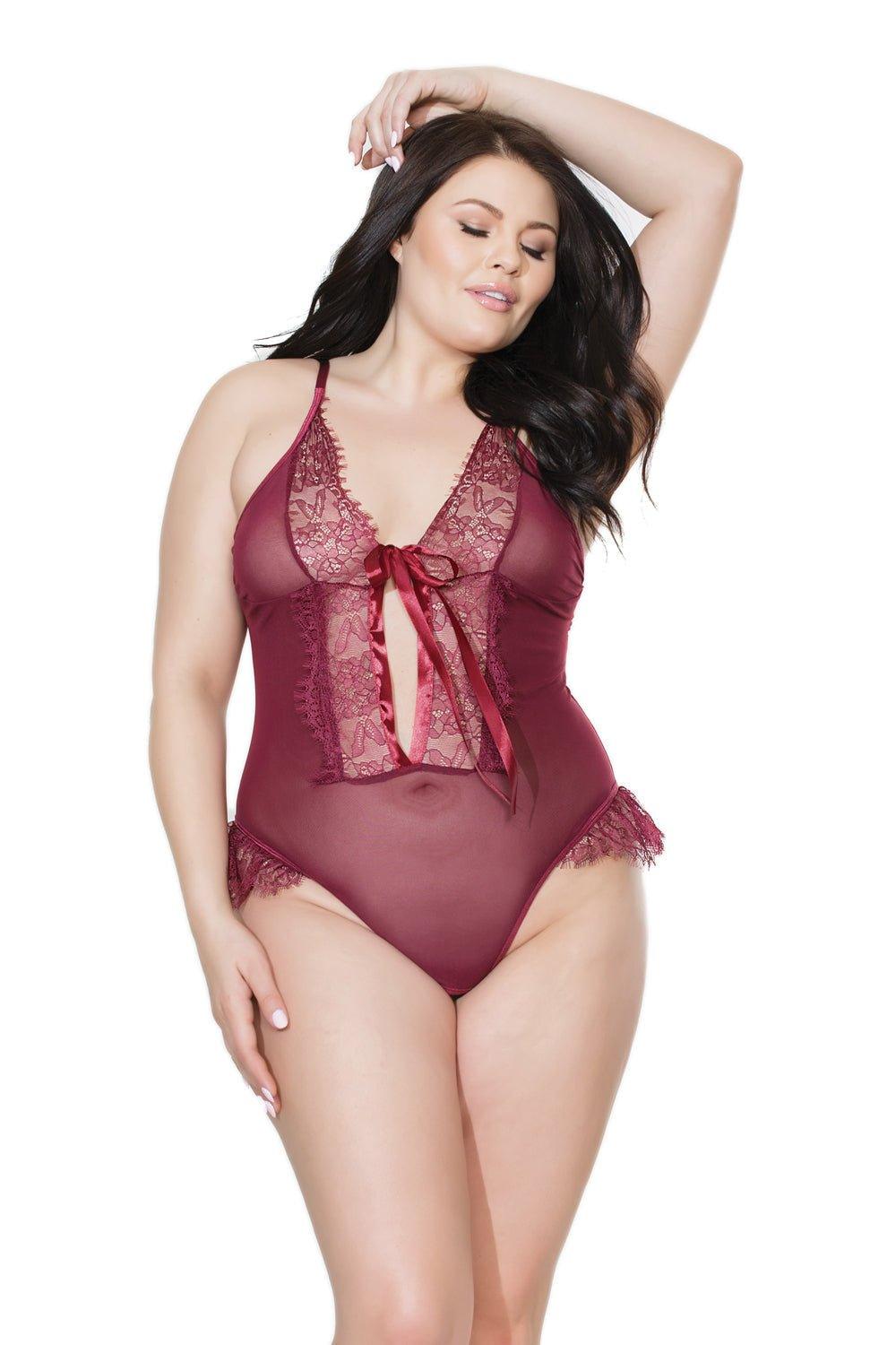 Merlot Mystique Crotchless Teddy with Lace Accents (20407) - 20407-MLO-OS - Love it Curvy