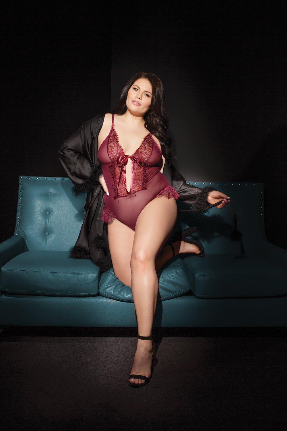 Merlot Mystique Crotchless Teddy with Lace Accents (20407) - 20407-MLO-OSXL - Love it Curvy