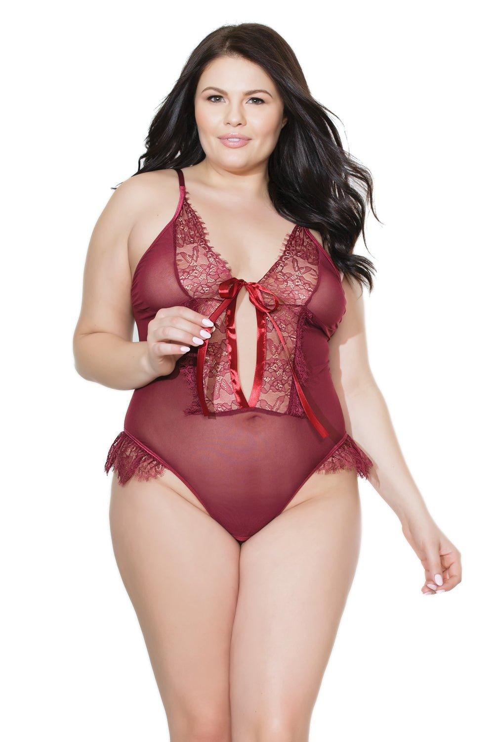 Merlot Mystique Crotchless Teddy with Lace Accents (20407) - 20407-MLO-OSXL - Love it Curvy