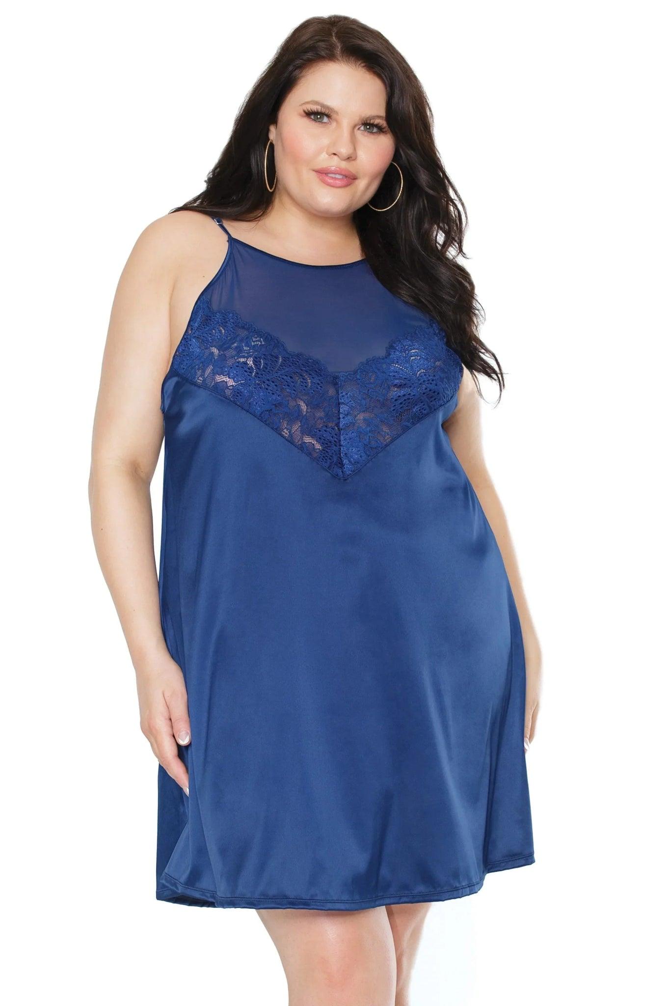 Navy Elegance Chemise – Plunge Neckline Sheer Lingerie S–4X (22128X) - Love it Curvy