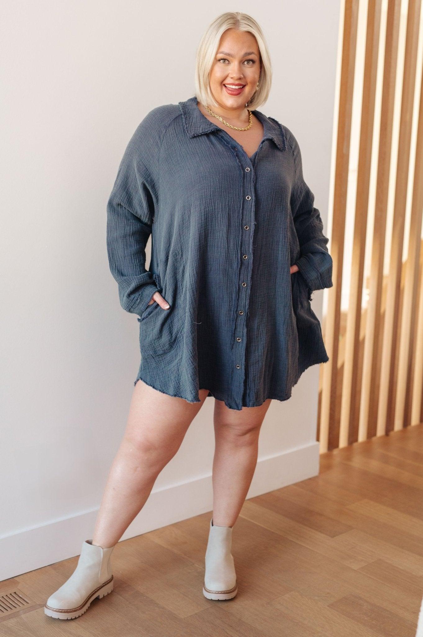 No Trepidation Mineral Wash Shirt Dress - AS7650-01 - Love it Curvy