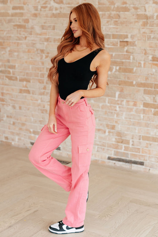 Peggy High Rise Cargo Straight Jeans in Pink - AS7850-01 - Love it Curvy