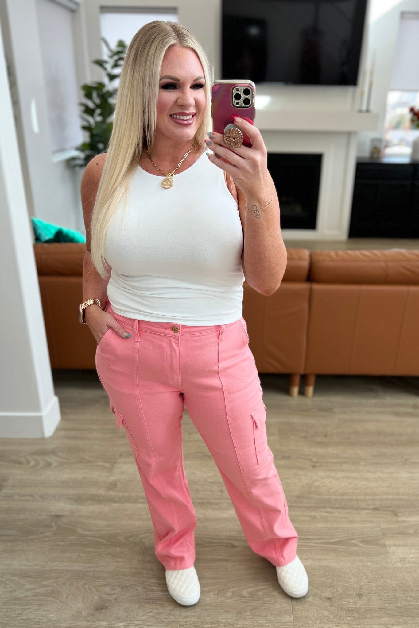 Peggy High Rise Cargo Straight Jeans in Pink - AS7850-01 - Love it Curvy