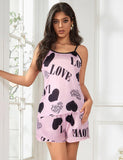 Pink Print Suspender Home Wear Pajama Set - R81257-3-1132-LUVC - Love it Curvy