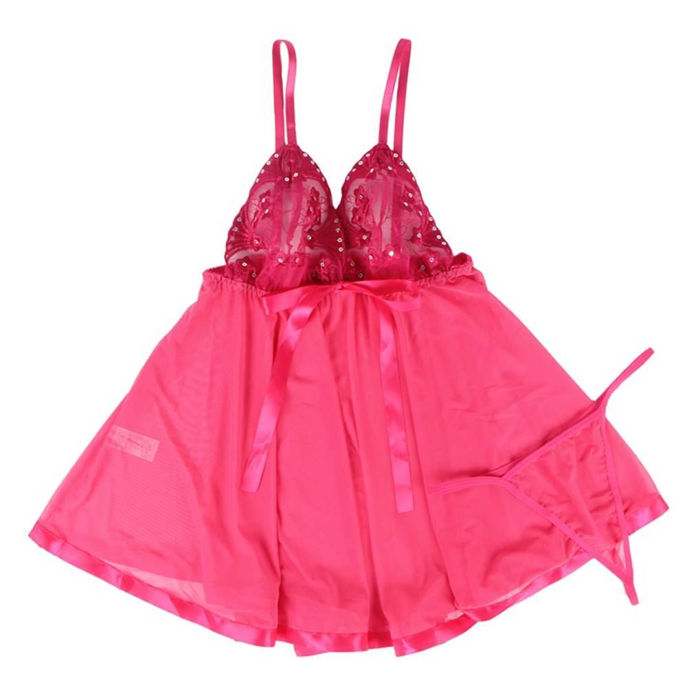 Pink See-through Plus Size Nightdress Sexy Rhinestone Sleepwear - E20734P-1 - Love it Curvy