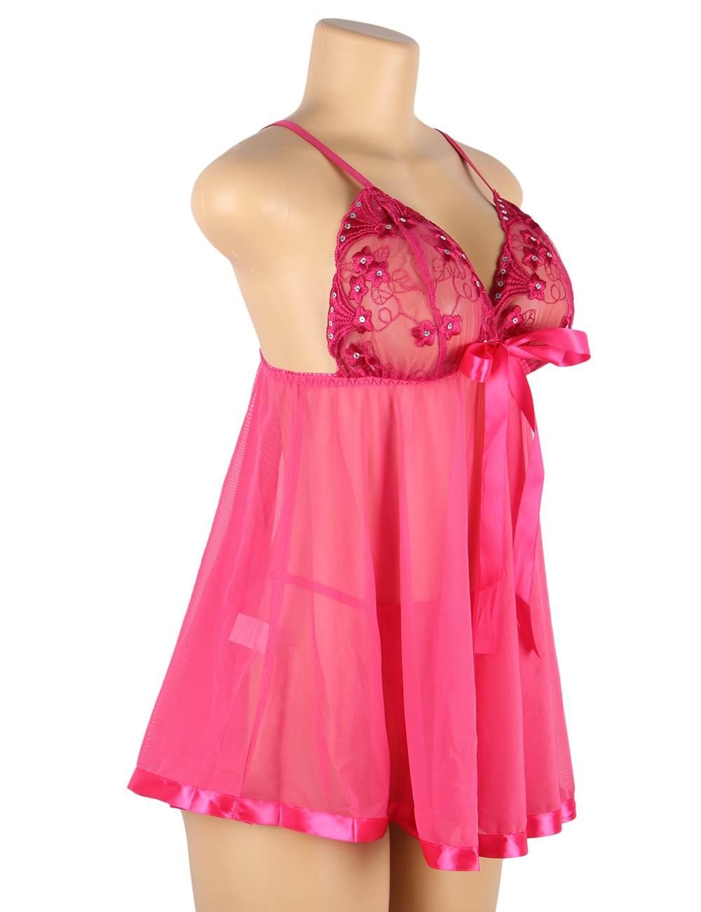 Pink See-through Plus Size Nightdress Sexy Rhinestone Sleepwear - E20734P-1 - Love it Curvy