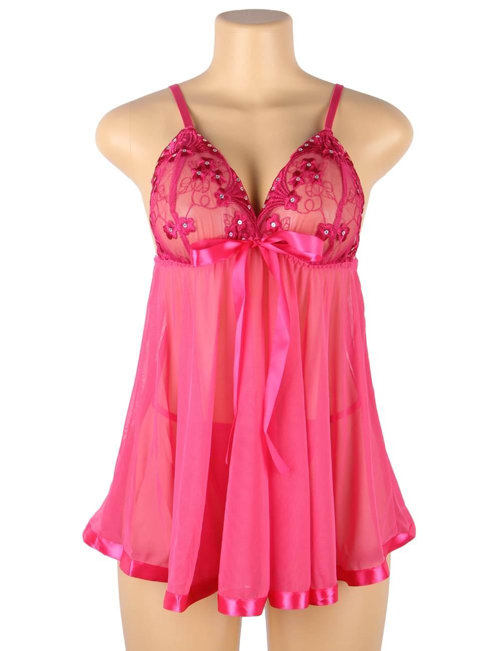 Pink See-through Plus Size Nightdress Sexy Rhinestone Sleepwear - E20734P-1 - Love it Curvy