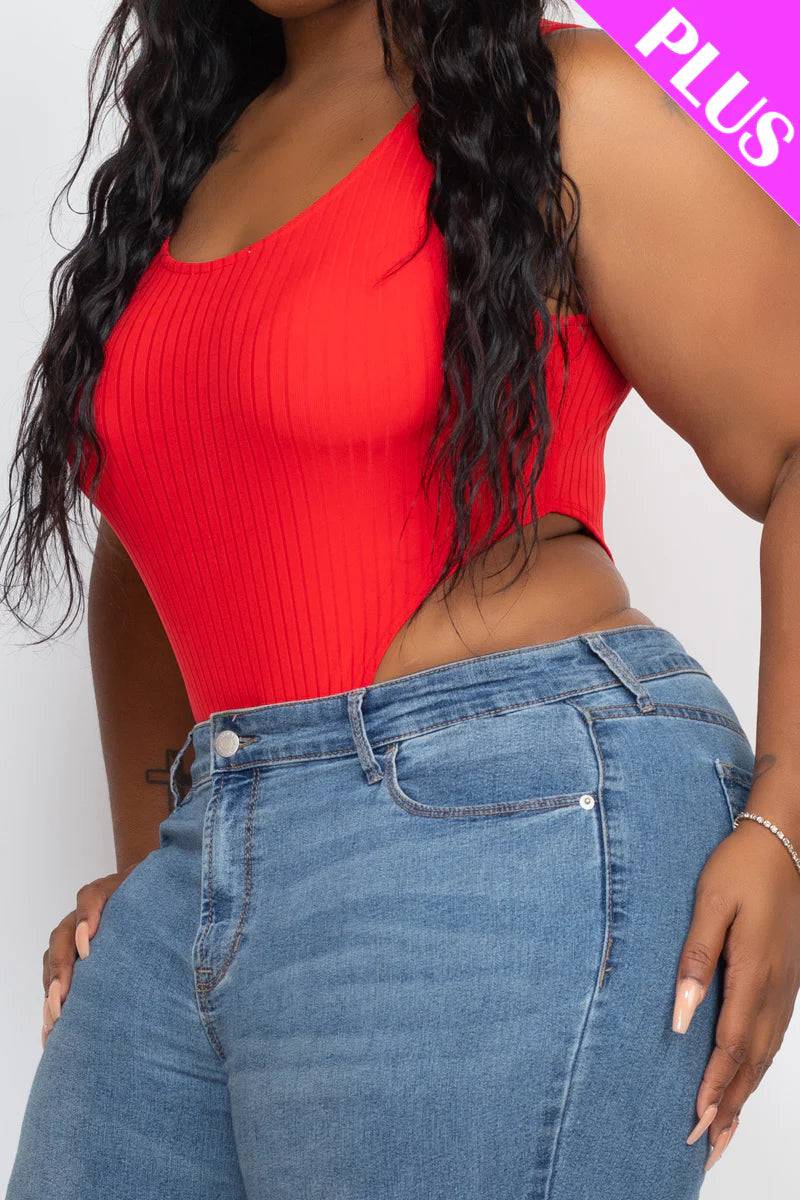 Plus High Ribbed Cut Legs Sleeveless Bodysuit - Love it Curvy
