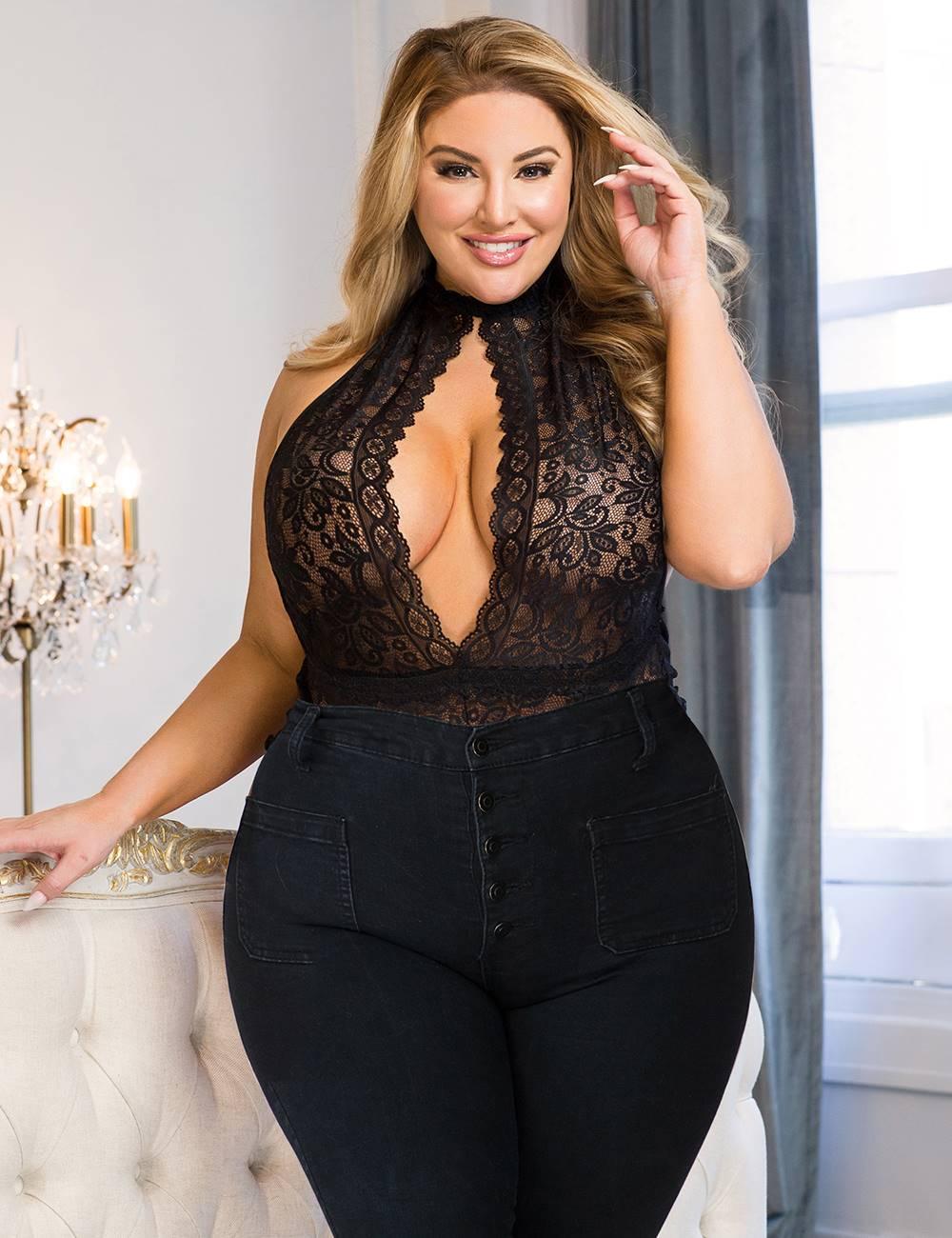 Plus Size Black Exquisite Lace Open Cup Teddy - R80737-1P-1 - Love it Curvy