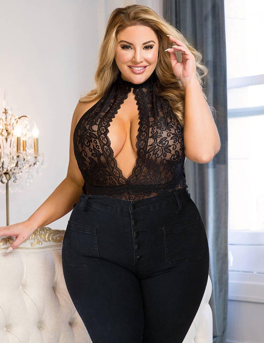 Plus Size Black Exquisite Lace Open Cup Teddy - Love it Curvy