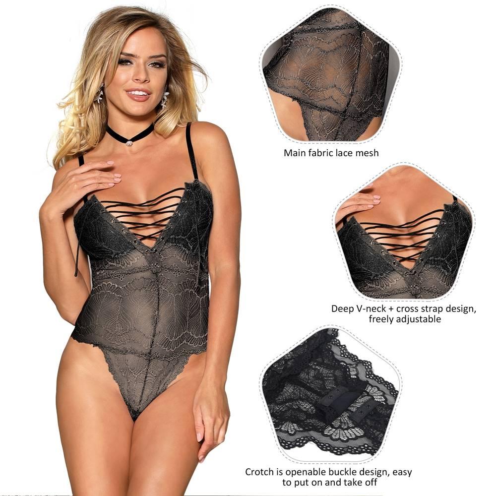 Plus Size Black Sexy Chest Ribbon Adjusting Lace Teddy - R80630-1P-1 - Love it Curvy