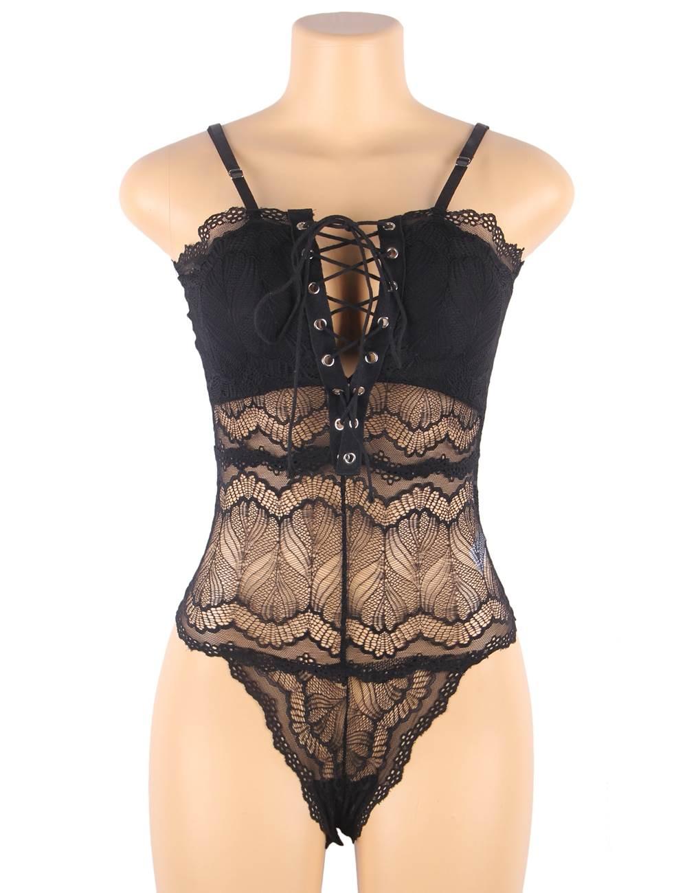 Plus Size Black Sexy Chest Ribbon Adjusting Lace Teddy - R80630-1P-1 - Love it Curvy