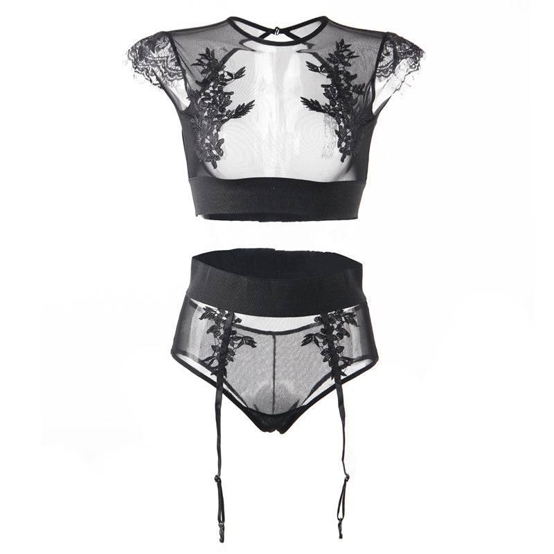 Plus Size Black Sexy High Waist Elegant Embroidery Bra And Garter Panty Set - R80964-2P-4 - Love it Curvy