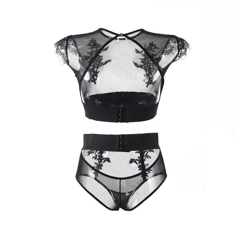 Plus Size Black Sexy High Waist Elegant Embroidery Bra And Garter Panty Set - R80964-2P-4 - Love it Curvy