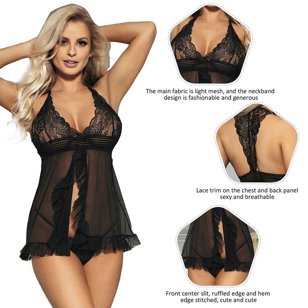 Plus Size Black Sheer Stretch Lace and Net Open Back Babydoll - R80526-1P - Love it Curvy