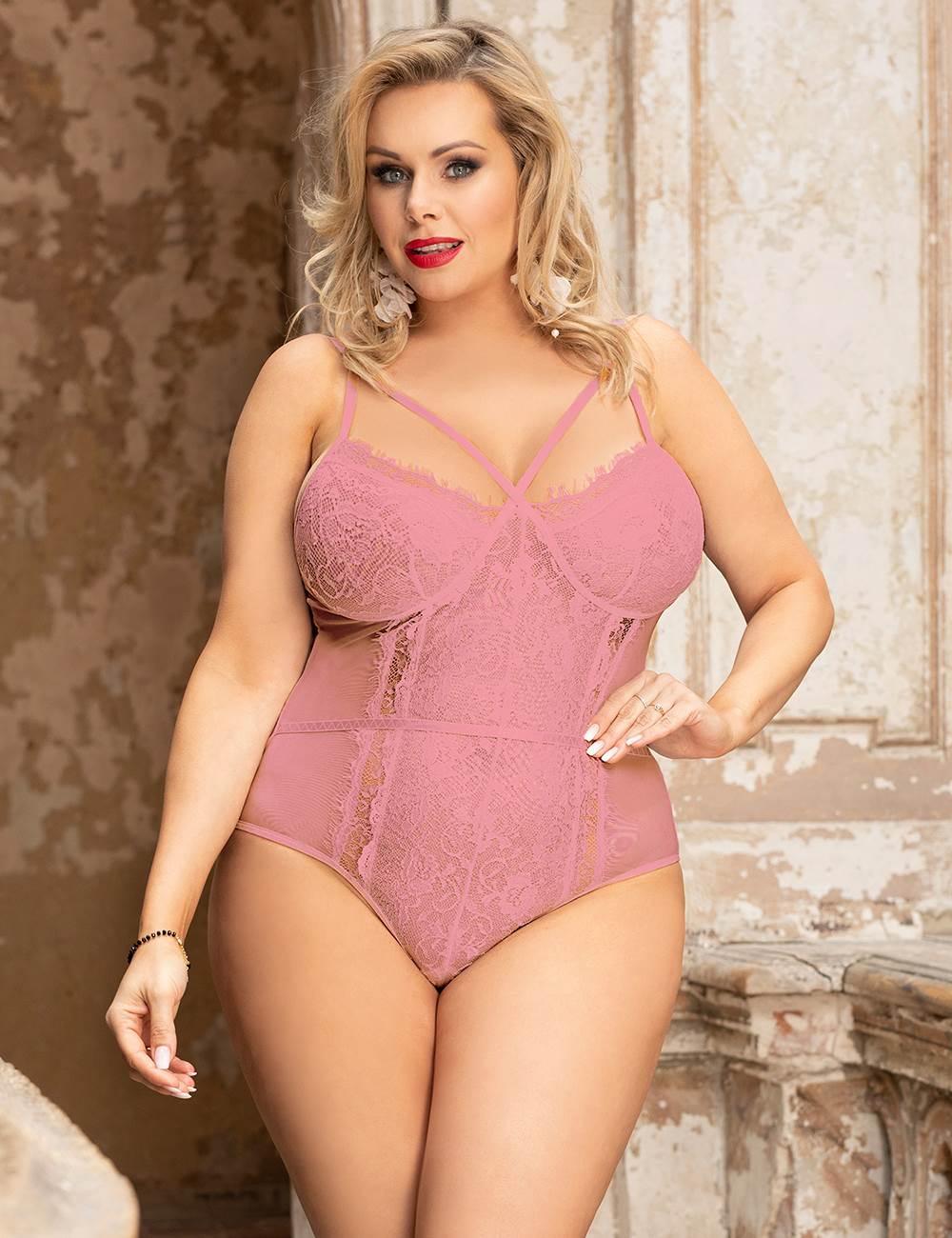 Plus Size Bodysuit Without Underwire Pink Lace Openable Crotch Lingerie - R80875-4P - Love it Curvy