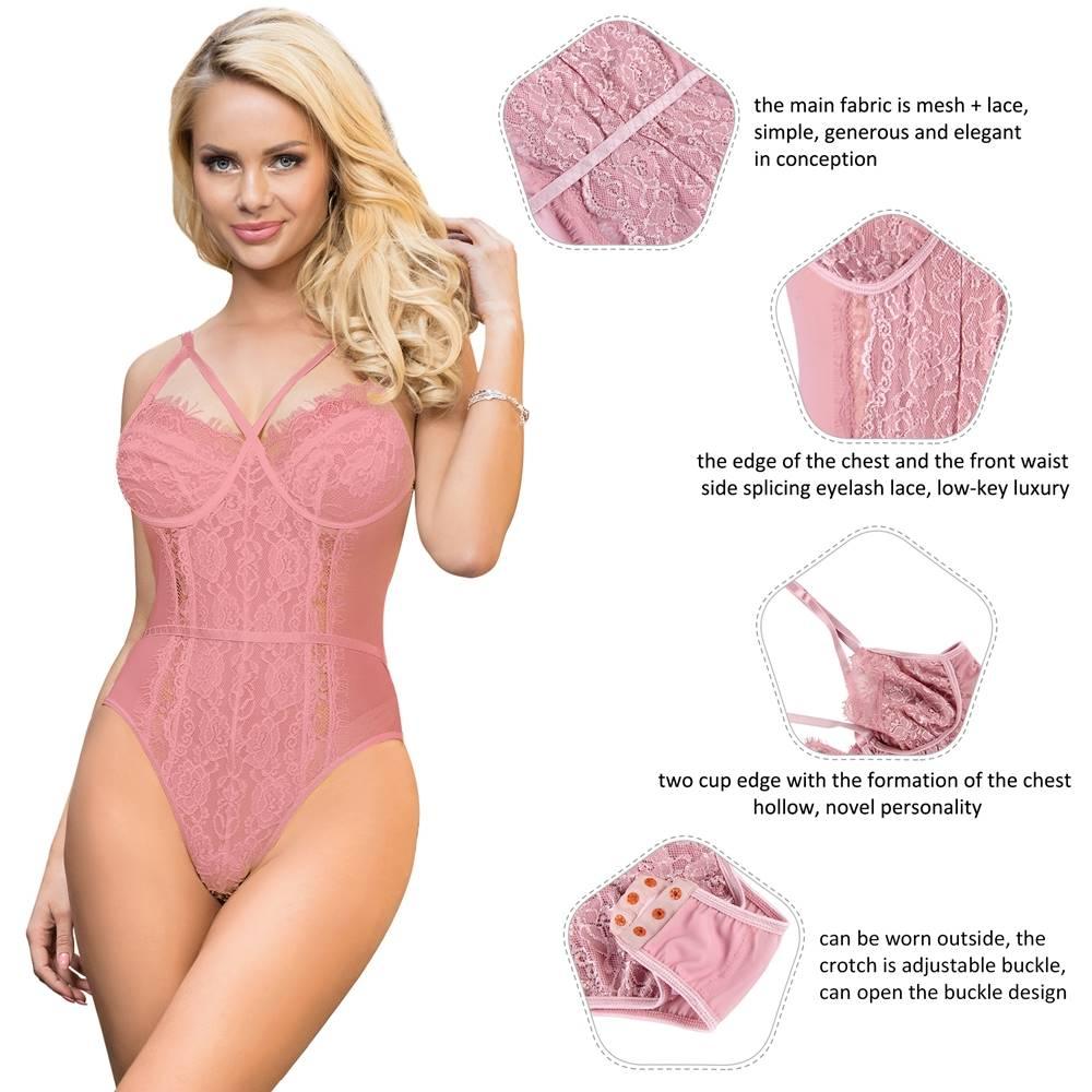 Plus Size Bodysuit Without Underwire Pink Lace Openable Crotch Lingerie - R80875-4P - Love it Curvy