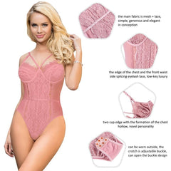 Plus Size Bodysuit Without Underwire Pink Lace Openable Crotch Lingerie - R80875-4P - Love it Curvy