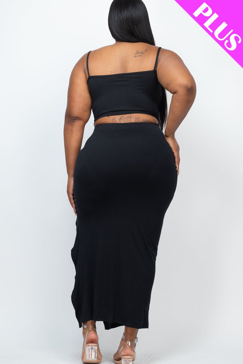 PLUS SIZE Cami Crop Top & Ruched Side Split Hem Midi Skirt Set (CAPELLA) - sku-46370050507040 - Love it Curvy