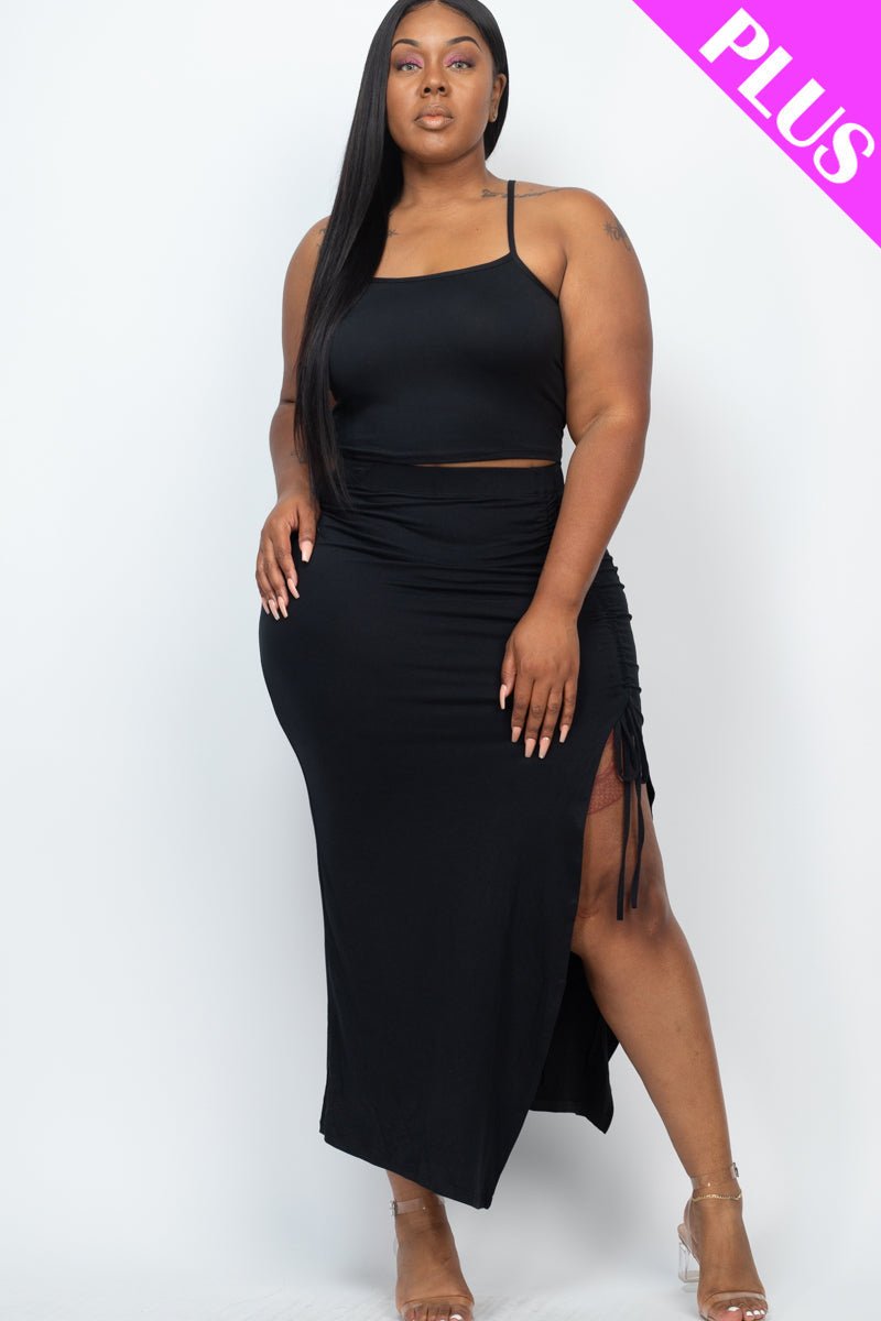 PLUS SIZE Cami Crop Top & Ruched Side Split Hem Midi Skirt Set (CAPELLA) - sku-46370050507040 - Love it Curvy