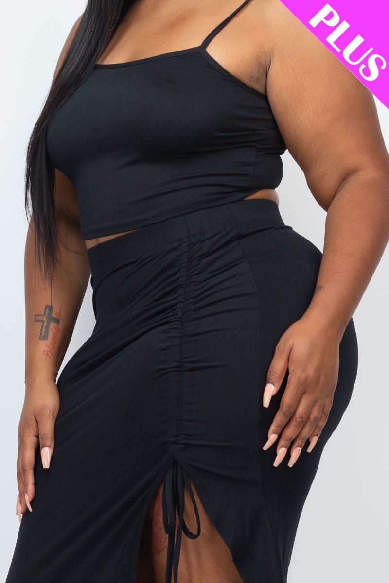 PLUS SIZE Cami Crop Top & Ruched Side Split Hem Midi Skirt Set (CAPELLA) - sku-46370050507040 - Love it Curvy