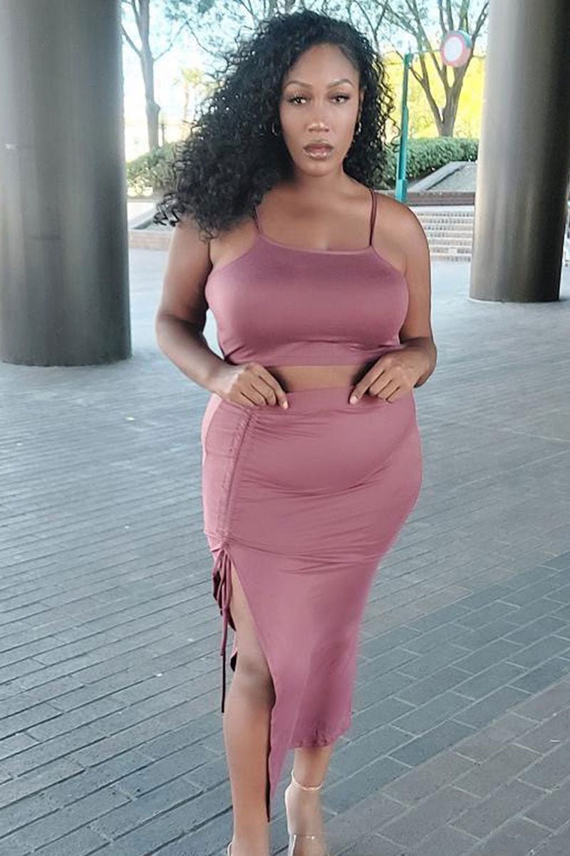 PLUS SIZE Cami Crop Top & Ruched Side Split Hem Midi Skirt Set (CAPELLA) - sku-46370050965792 - Love it Curvy