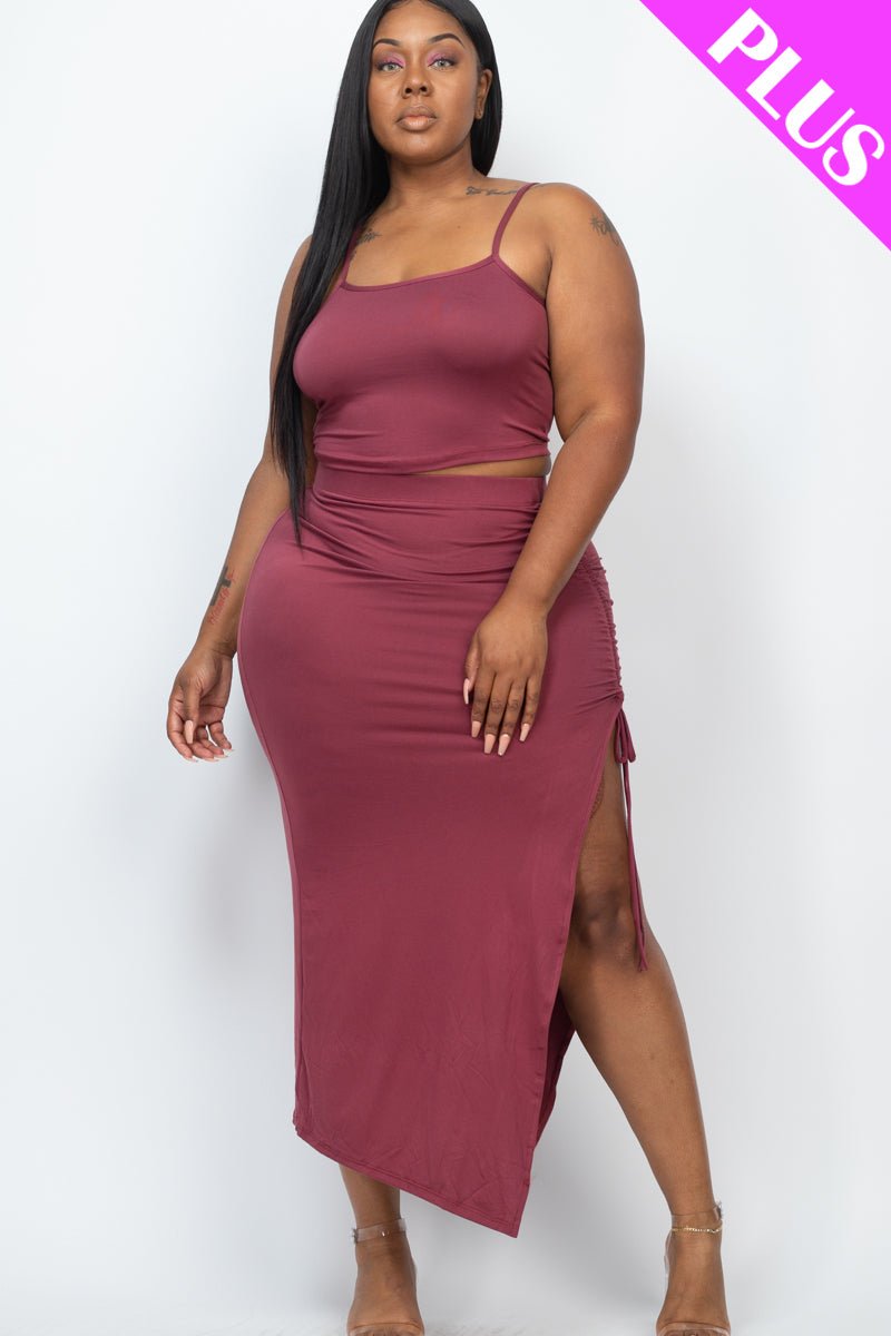 PLUS SIZE Cami Crop Top & Ruched Side Split Hem Midi Skirt Set (CAPELLA) - sku-46370050965792 - Love it Curvy