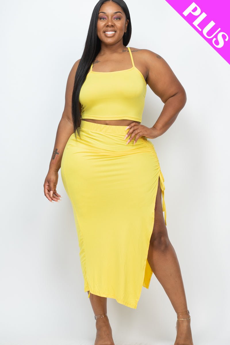 PLUS SIZE Cami Crop Top & Ruched Side Split Hem Midi Skirt Set (CAPELLA) - sku-46370051555616 - Love it Curvy