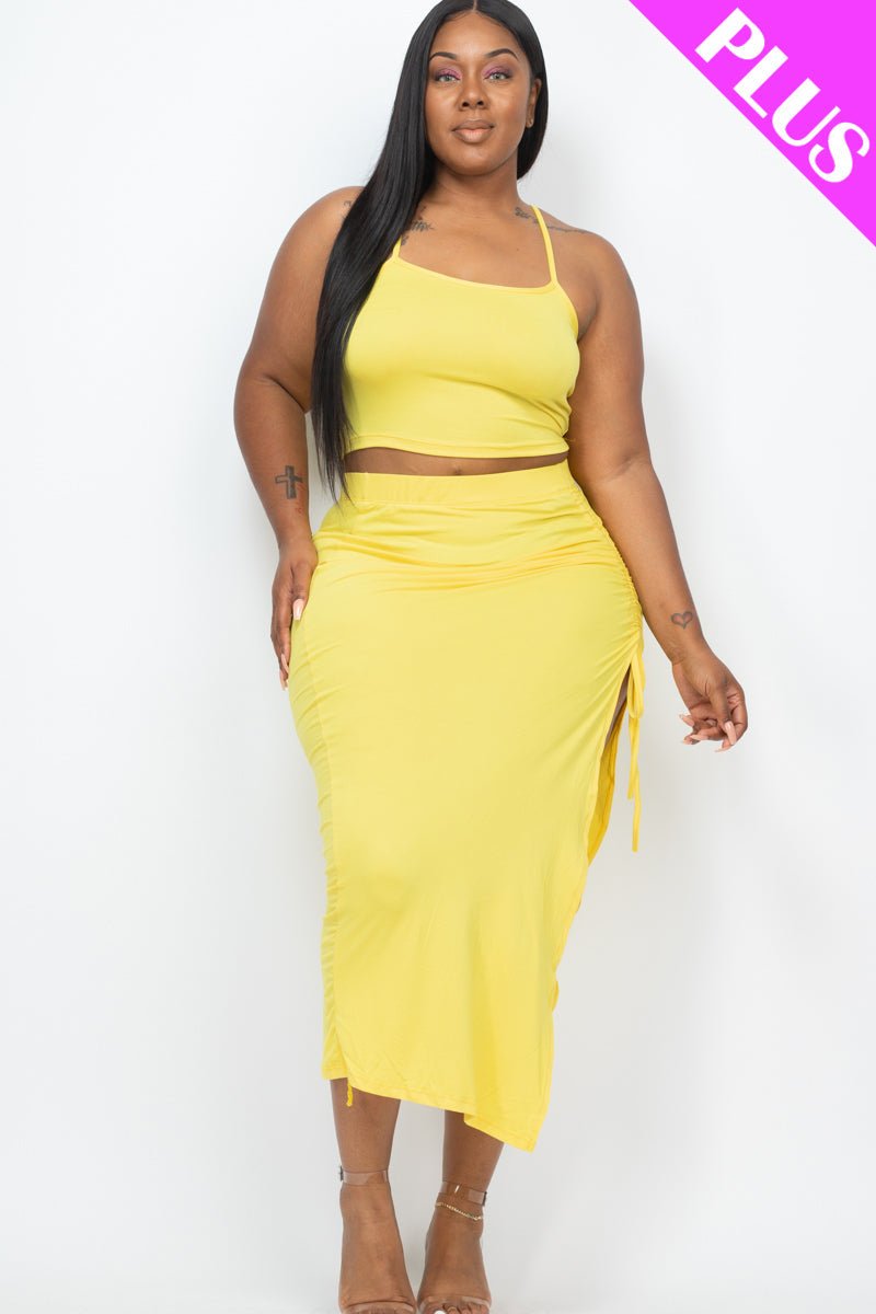 PLUS SIZE Cami Crop Top & Ruched Side Split Hem Midi Skirt Set (CAPELLA) - sku-46370051555616 - Love it Curvy