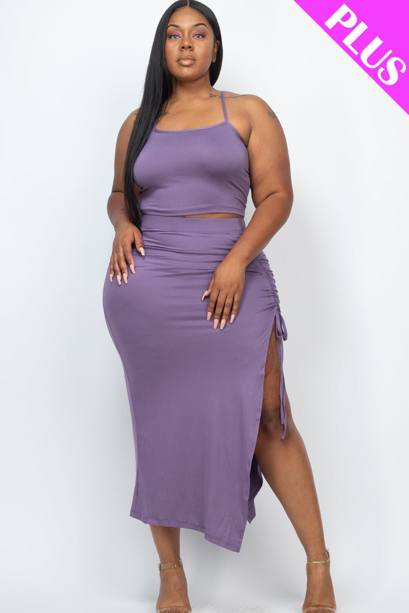 PLUS SIZE Cami Crop Top & Ruched Side Split Hem Midi Skirt Set (CAPELLA) - sku-46370052047136 - Love it Curvy