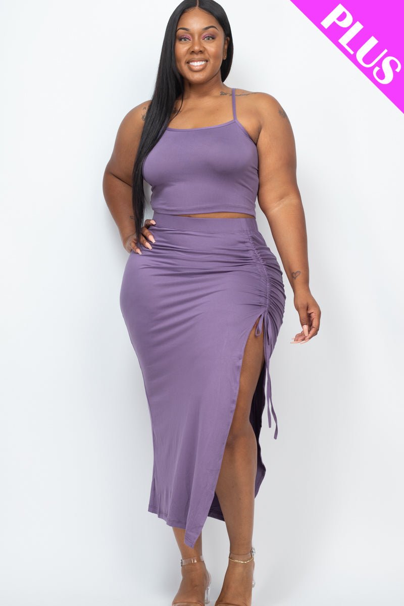 PLUS SIZE Cami Crop Top & Ruched Side Split Hem Midi Skirt Set (CAPELLA) - sku-46370052047136 - Love it Curvy