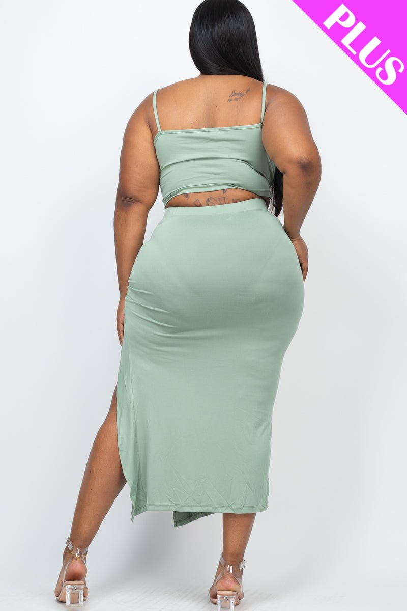 PLUS SIZE Cami Crop Top & Ruched Side Split Hem Midi Skirt Set (CAPELLA) - sku-46370052440352 - Love it Curvy