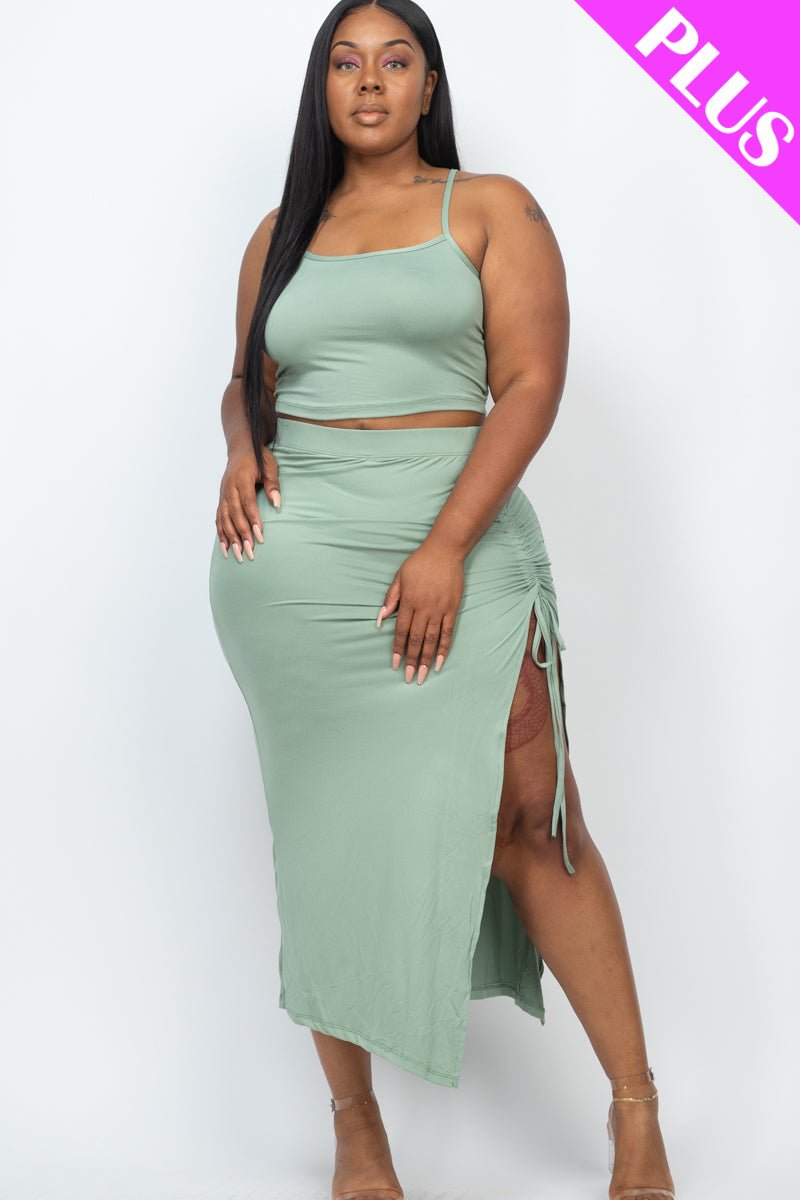 PLUS SIZE Cami Crop Top & Ruched Side Split Hem Midi Skirt Set (CAPELLA) - sku-46370052440352 - Love it Curvy