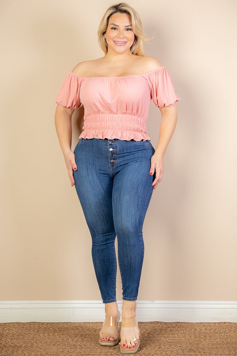 Plus Size Casual Ruched Puff Sleeve Ribbed Knit Solid Top (CAPELLA) - sku-46366620156192 - Love it Curvy