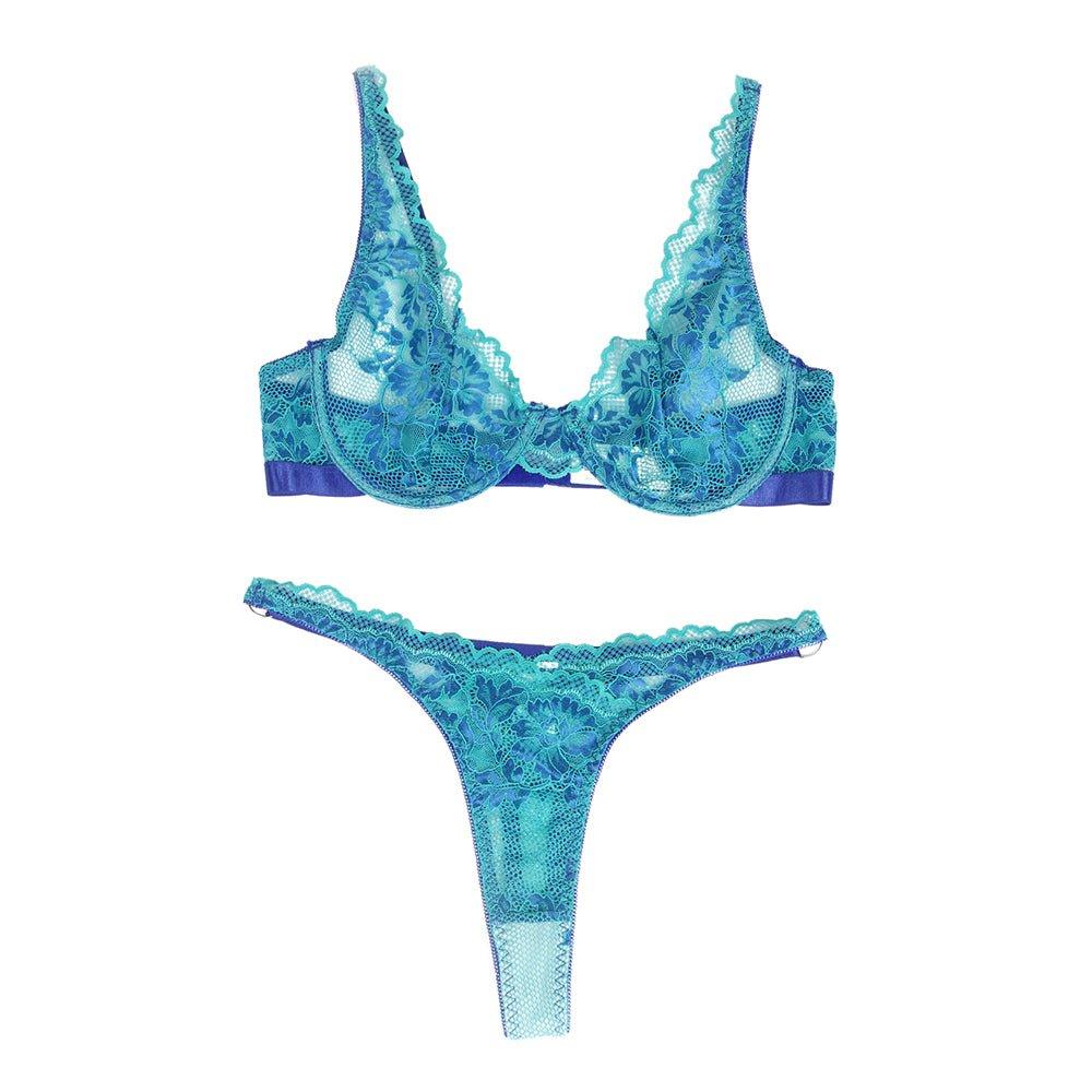 Plus Size Cyan Blue Floral Lace Underwire Bra Set - R81159-4P - Love it Curvy