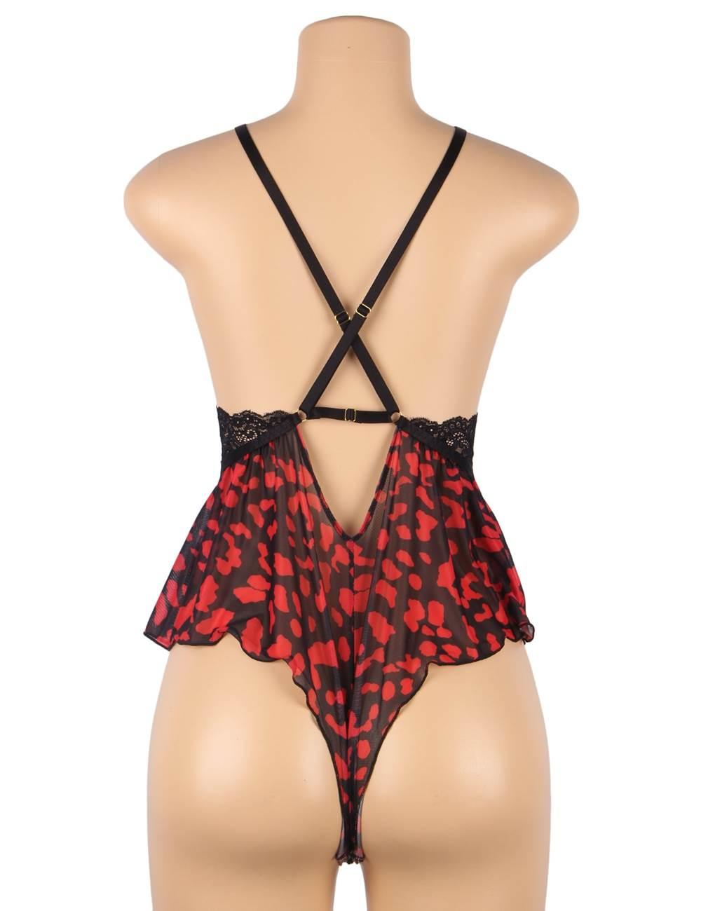 Plus Size Fashion Sexy Lace Floral Print Plunge Neck Teddy - R81043P-1 - Love it Curvy