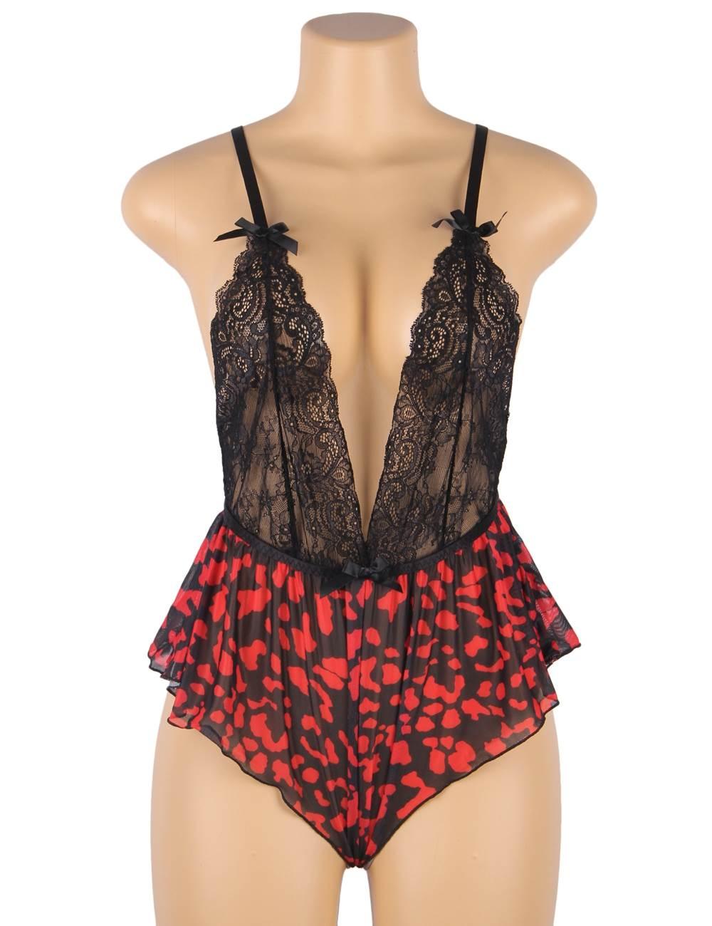 Plus Size Fashion Sexy Lace Floral Print Plunge Neck Teddy - R81043P-1 - Love it Curvy