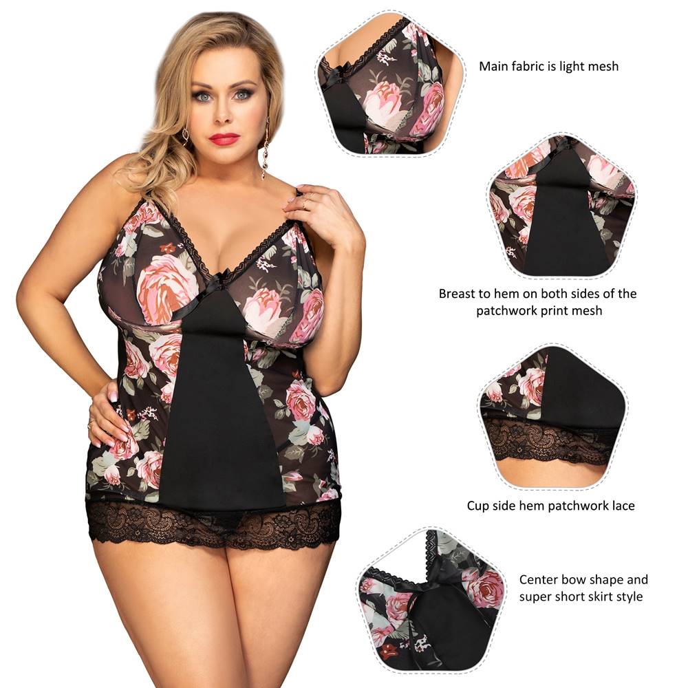 Plus Size Floral Print Lace-up Babydoll Without Underwire - R80999P-1 - Love it Curvy