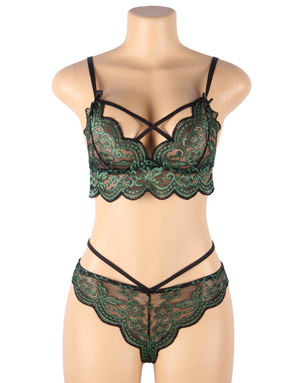 Plus Size High Quality Green Lace Cross Strap Decoration Sexy Bra Set - R81047-4P - Love it Curvy